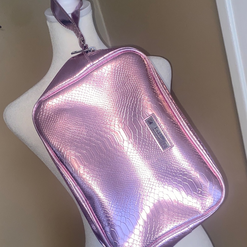EUC NICOLE MILLER Rose Gold Pink Metallic Travel Double Zip Cosmetic Bag
